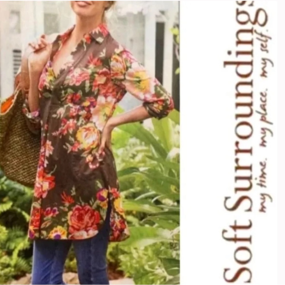 Soft Surroundings tunic floral rolled sleeves side pockets women’s Size XSmall